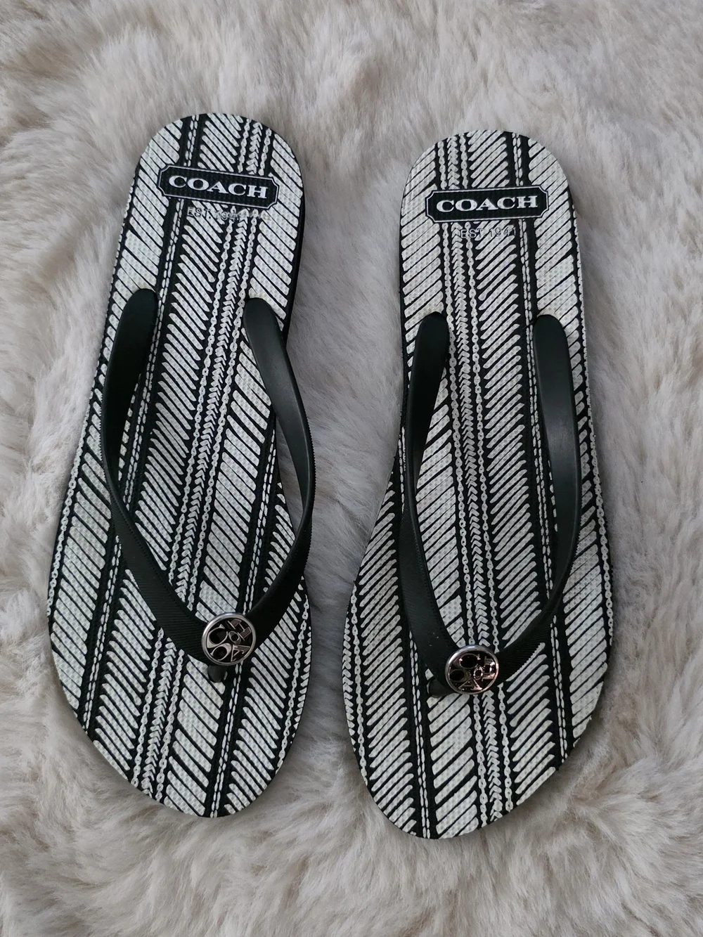 COACH Black and White Patterned Flip Flop Sandals